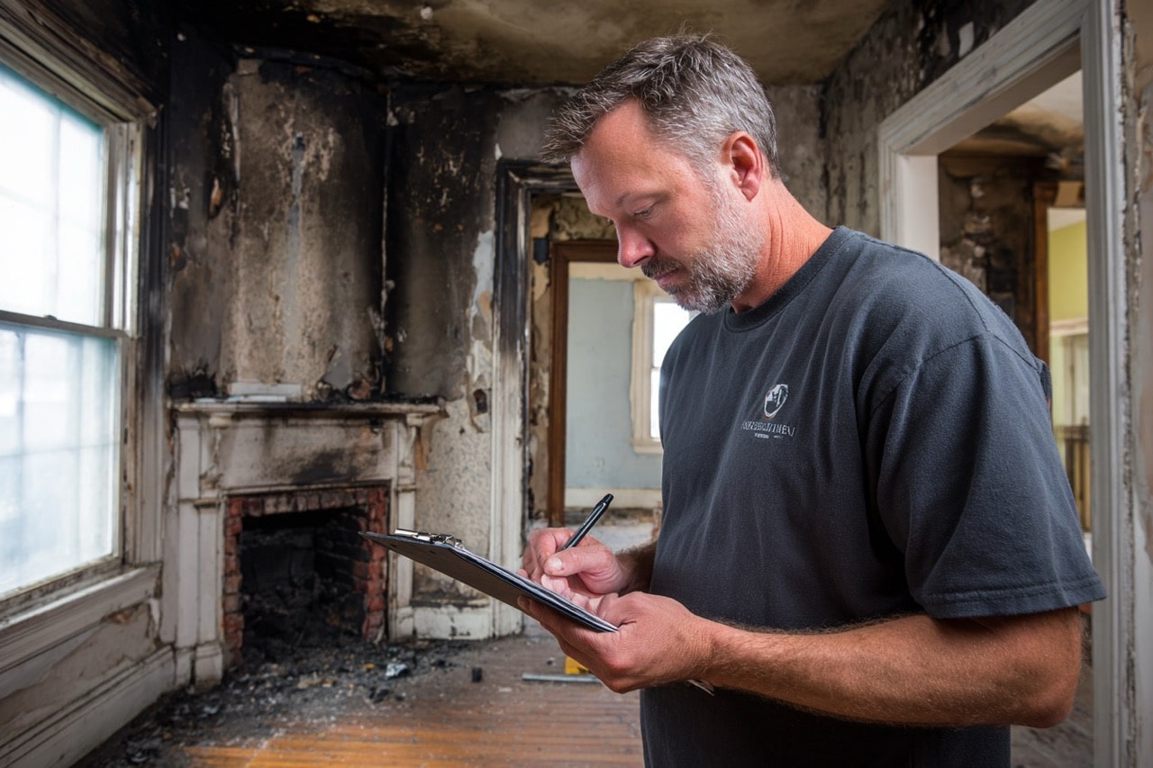 Professional inspector evaluating fire damage in St Louis Missouri home