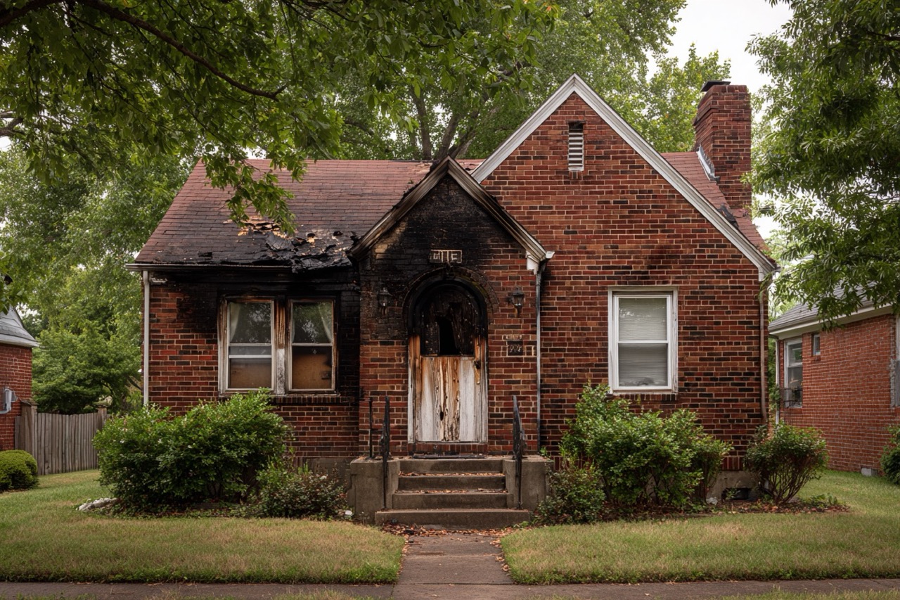 Fire damaged brick house in St Louis Missouri neighborhood