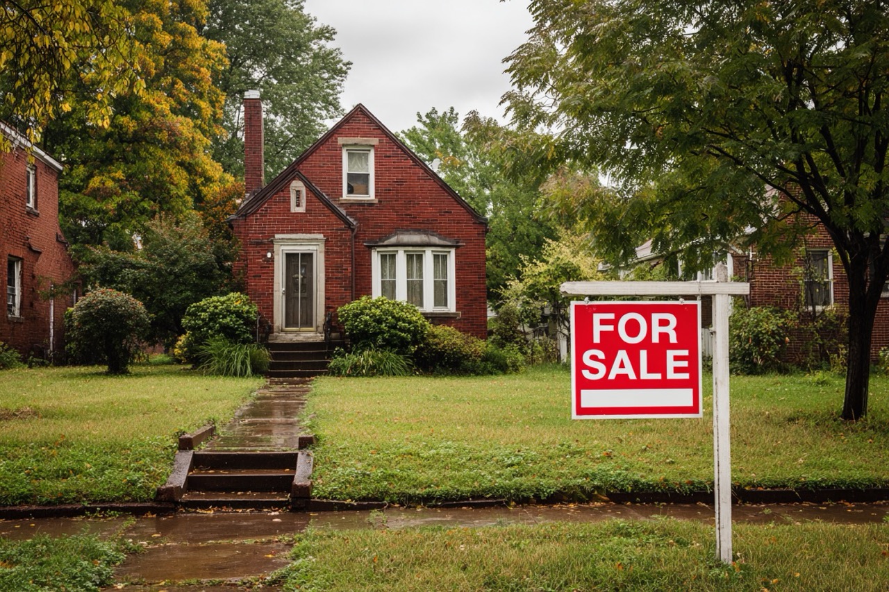 For sale by owner sign in front of traditional brick house in St Louis MO