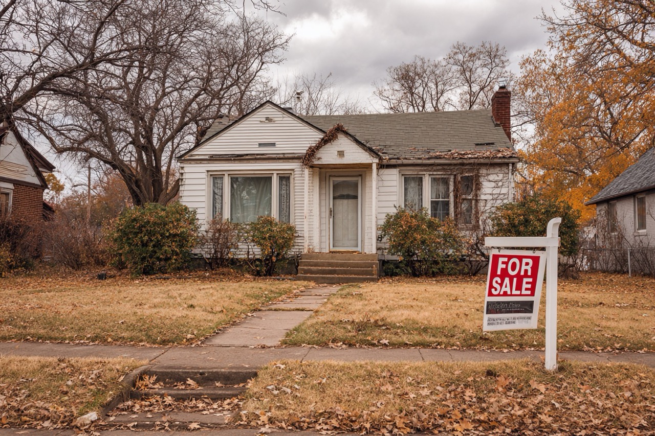Storm damaged house for sale sign in St Louis Missouri neighborhood