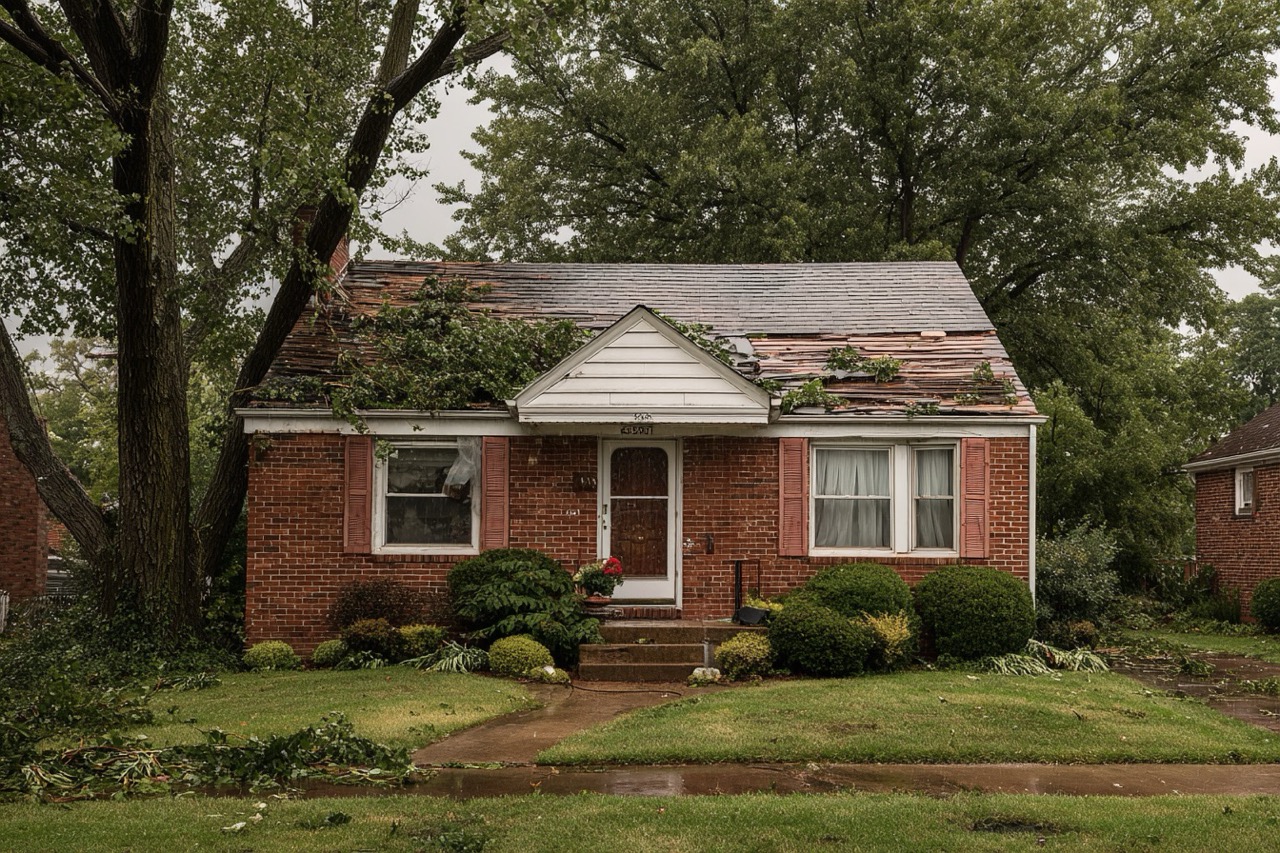 Storm damaged residential house in St Louis Missouri neighborhood