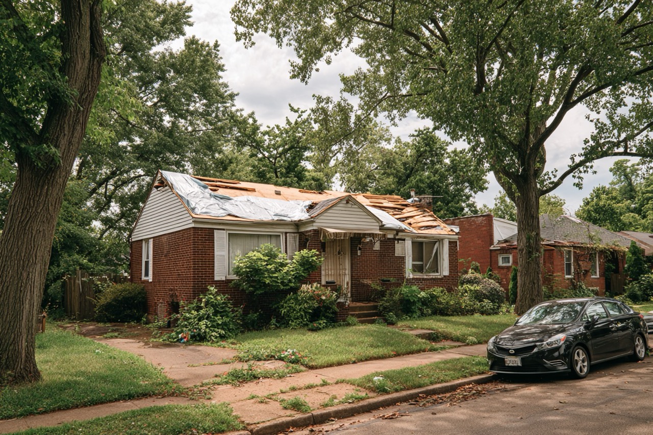 Exterior view of storm damaged property in St Louis Missouri